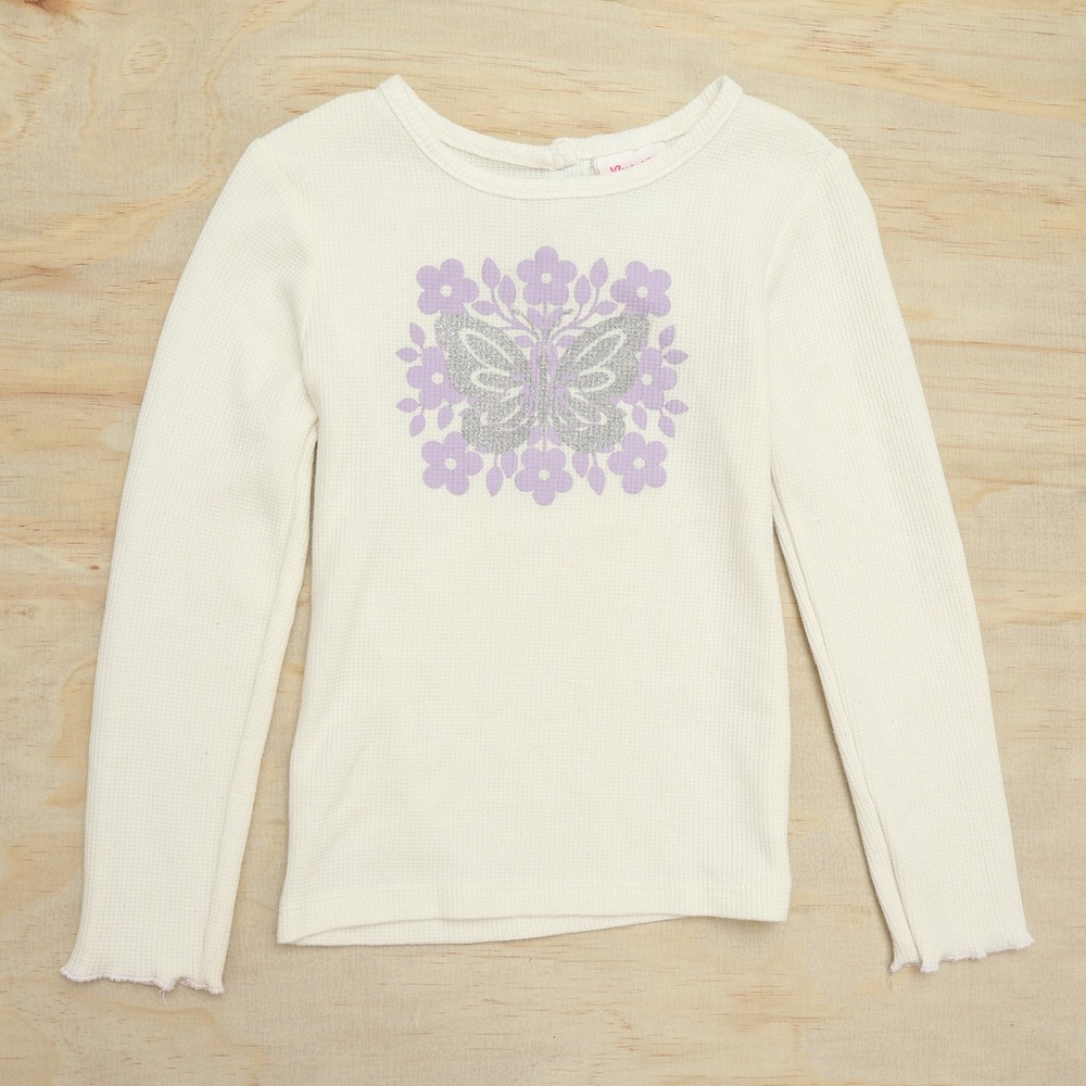 Girls Small 6 White Thermal Long Sleeve Top Little Lass Butterfly Flower